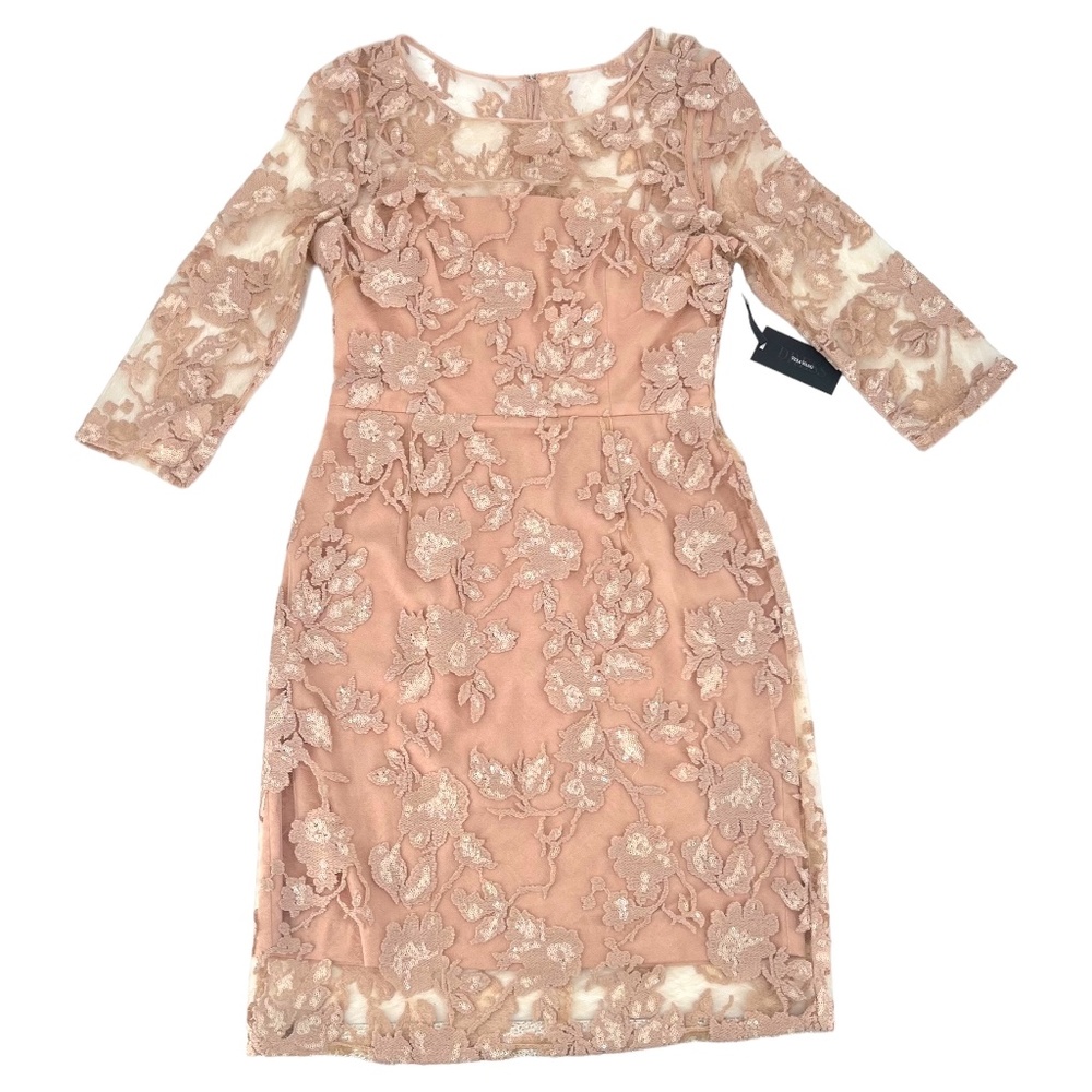 NWT Vera Wang Lace and Sequin Floral Nude 3/4 Sleeve Knee Length Dress Size